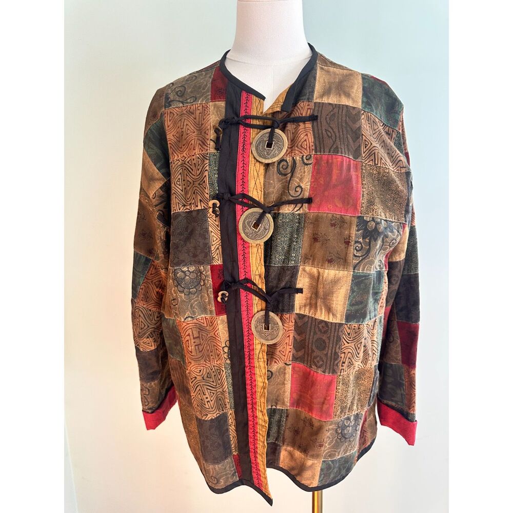 VTG 90s Boho Patchwork Jacket Chinese Coin Accent Frog Closure Art to Wear XL